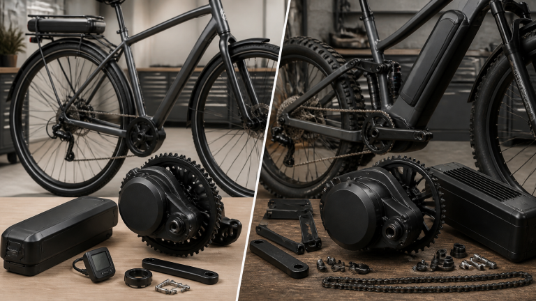 Two mid-drive e-bike motors side by side: a compact commuter build with a slim battery and a heavy-duty high-load setup wi...