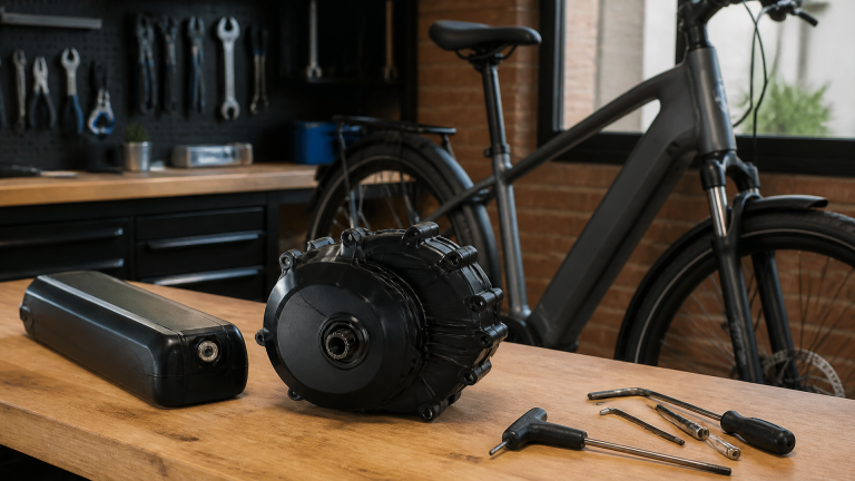 Compact Bafang M210 mid-drive motor on a clean workshop bench beside an urban commuter e-bike frame, battery, and basic se...