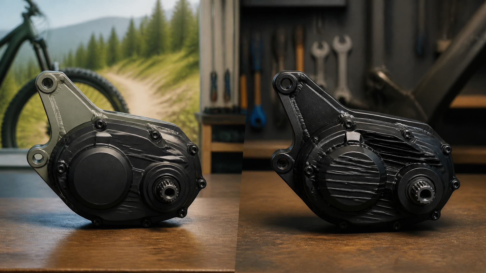 Two integrated mid-drive e-bike motors placed side by side on a clean workshop bench, one lighter trail-style unit and one...