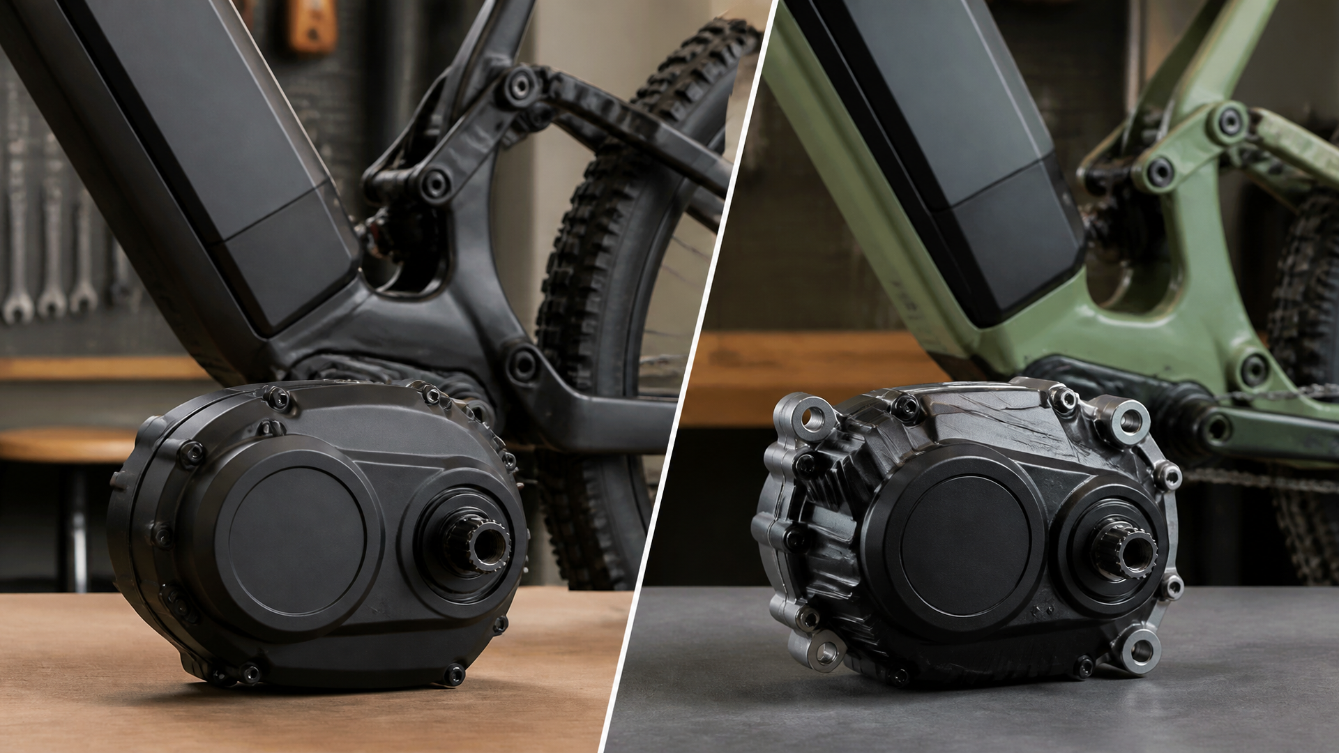 Two mid-drive eMTB motors shown side by side near a mountain bike frame and battery pack, highlighting size and mechanical...