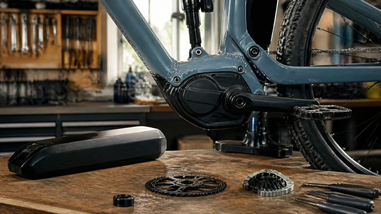 Bafang M560 mid-drive motor mounted on a mountain bike bottom bracket in a clean workshop with a battery pack and drivetra...