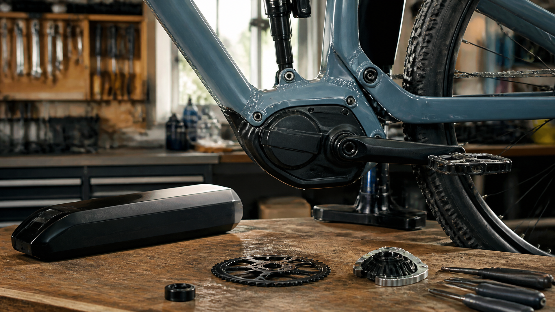 Bafang M560 mid-drive motor mounted on a mountain bike bottom bracket in a clean workshop with a battery pack and drivetra...