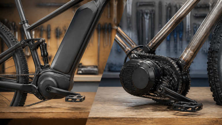 Two e-bike drive systems on a workbench: an integrated motor-and-battery unit beside a heavy-duty mid-drive conversion wit...