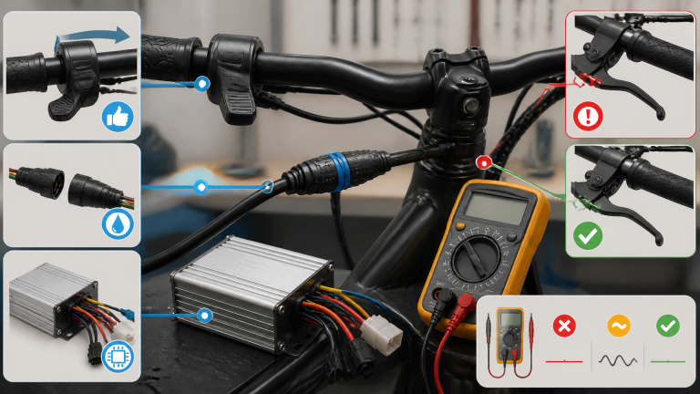 Close-up of an e-bike handlebar with a thumb throttle, waterproof connector, brake cutoff sensor, controller wiring, and a...