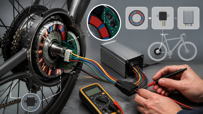 Cutaway view of an e‑bike rear hub motor showing hall sensor magnets, controller wiring, and a multimeter probing connections