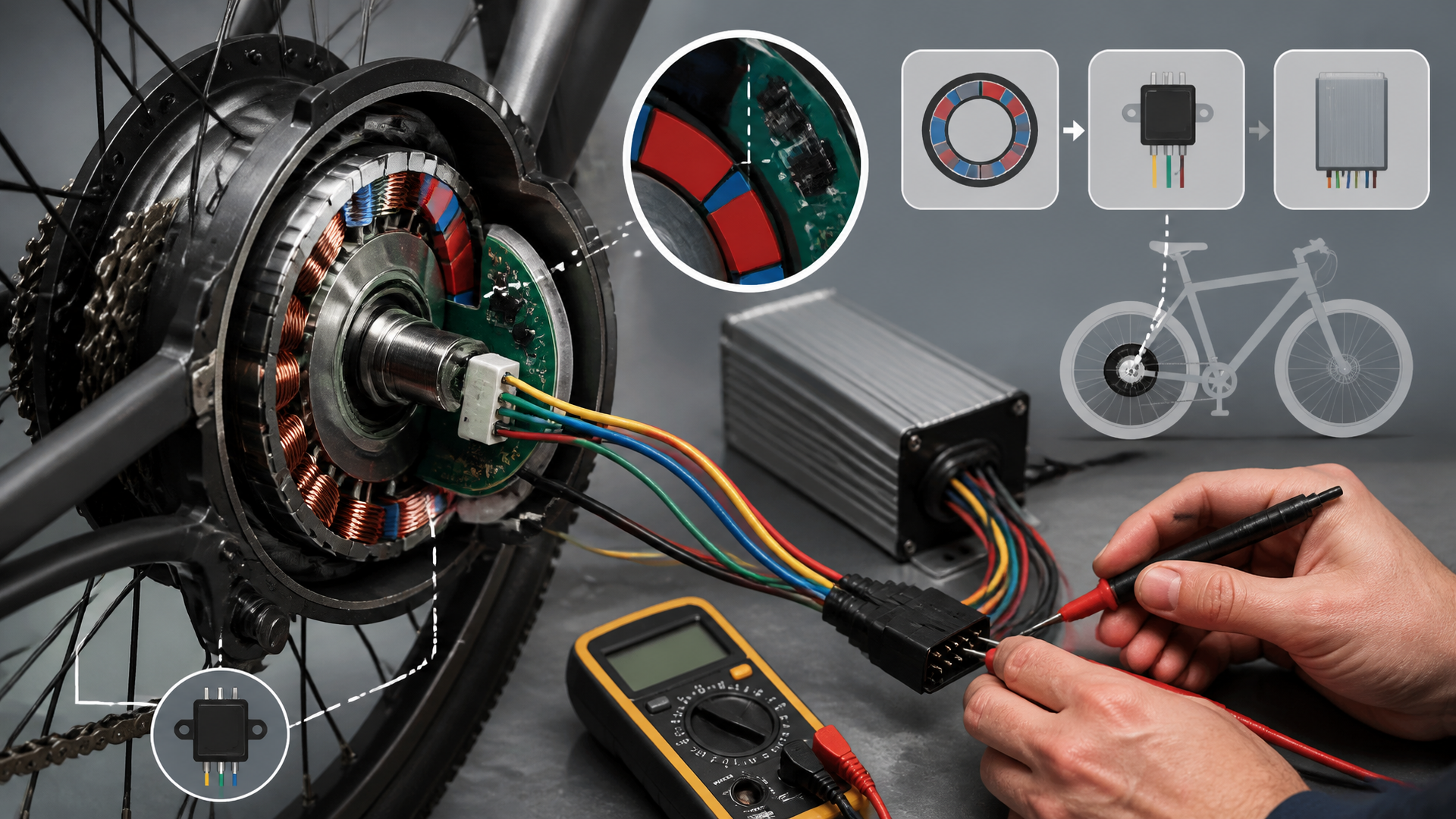 Cutaway view of an e‑bike rear hub motor showing hall sensor magnets, controller wiring, and a multimeter probing connections