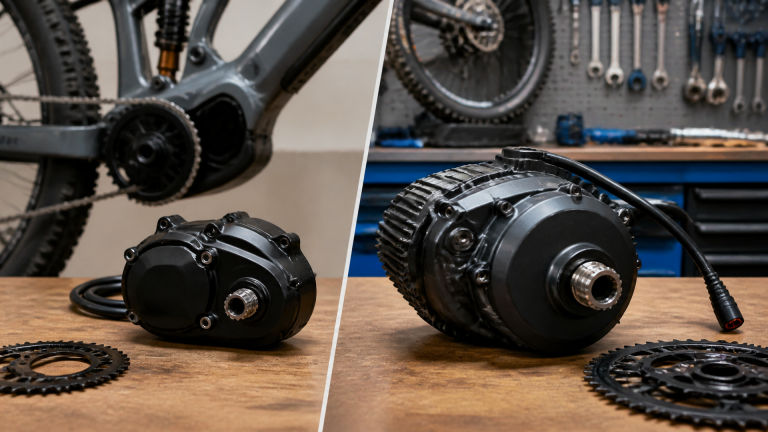Two mid-drive e-bike motors side by side on a workbench with nearby drivetrain parts, one compact and one larger newer unit