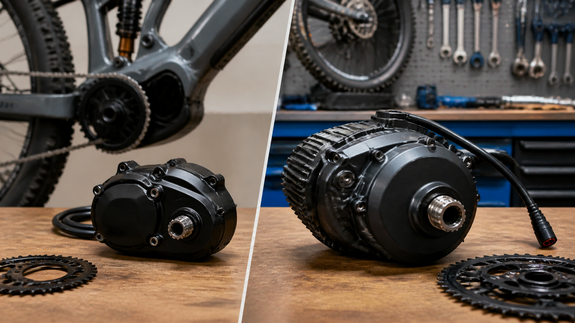 Two mid-drive e-bike motors side by side on a workbench with nearby drivetrain parts, one compact and one larger newer unit