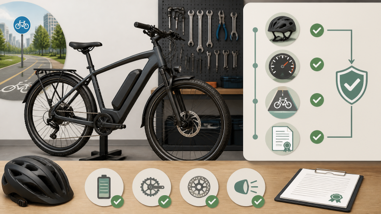 E-bike with helmet, lane sign shapes, speedometer and permit document arranged as a compliance checklist