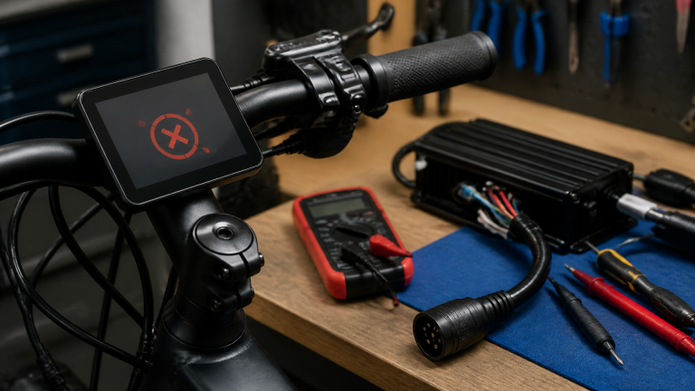 Electric bike handlebar display showing an error state with nearby motor cable connector and inspection tools on a workbench