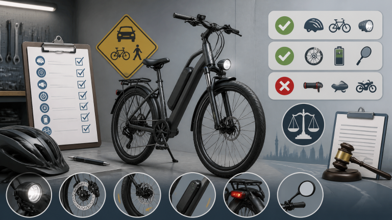 Electric bicycle alongside helmet, clipboard checklist, speedometer and road sign shapes indicating legal compliance decis...