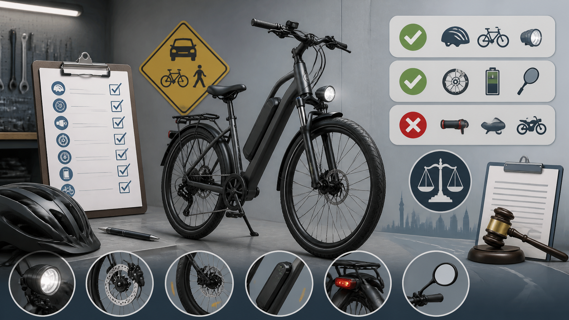 Electric bicycle alongside helmet, clipboard checklist, speedometer and road sign shapes indicating legal compliance decis...